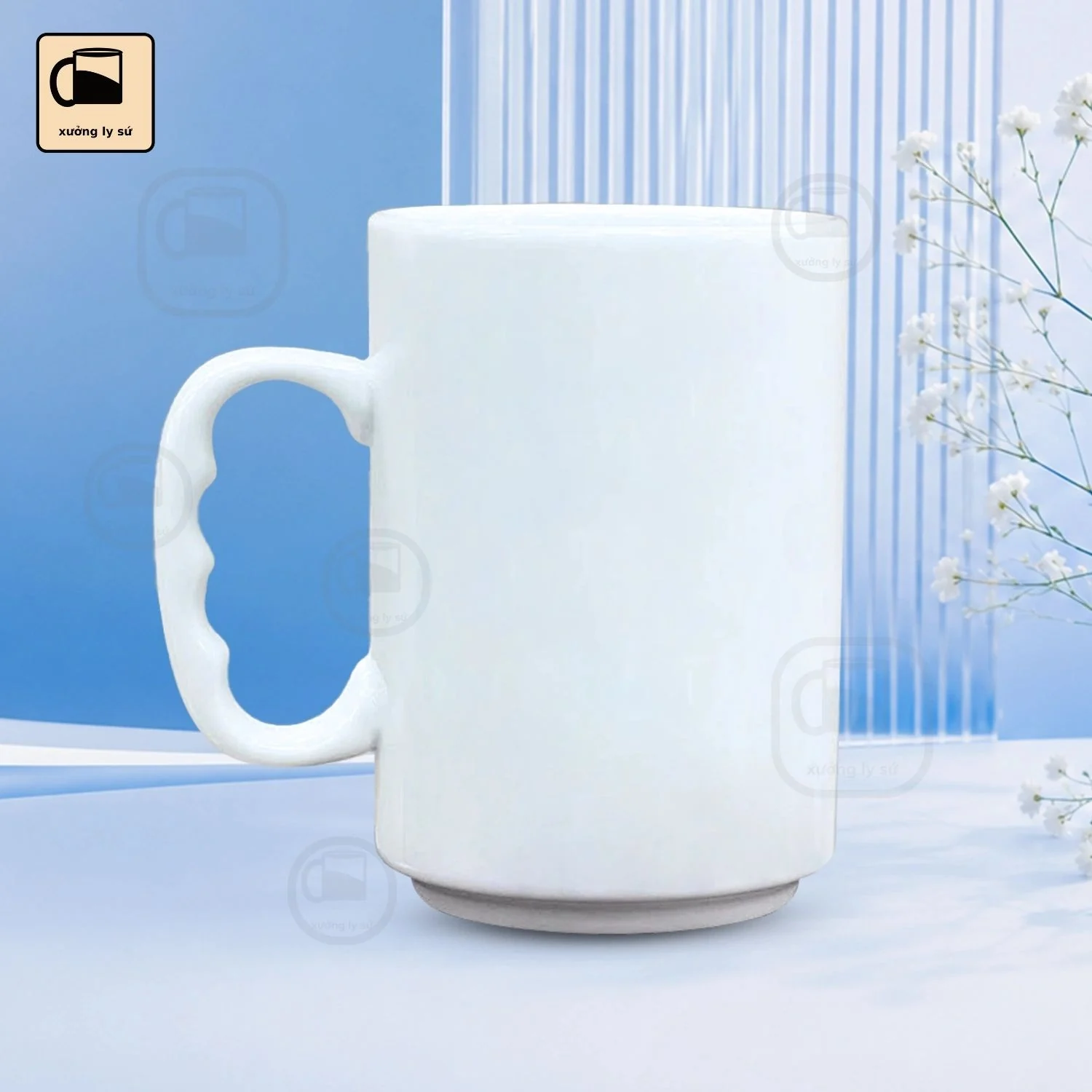 Cốc Sứ Trắng Dáng Trụ Cao Quai C Sóng Cốc Sứ Trắng Dáng Trụ Cao Quai C Sóng