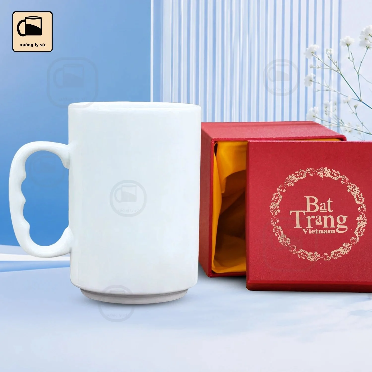 Cốc Sứ Trắng Dáng Trụ Cao Quai C Sóng
