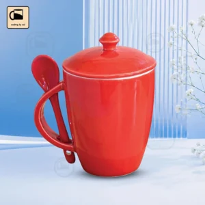 Cốc Sứ Đỏ Có Nắp Kèm Thìa