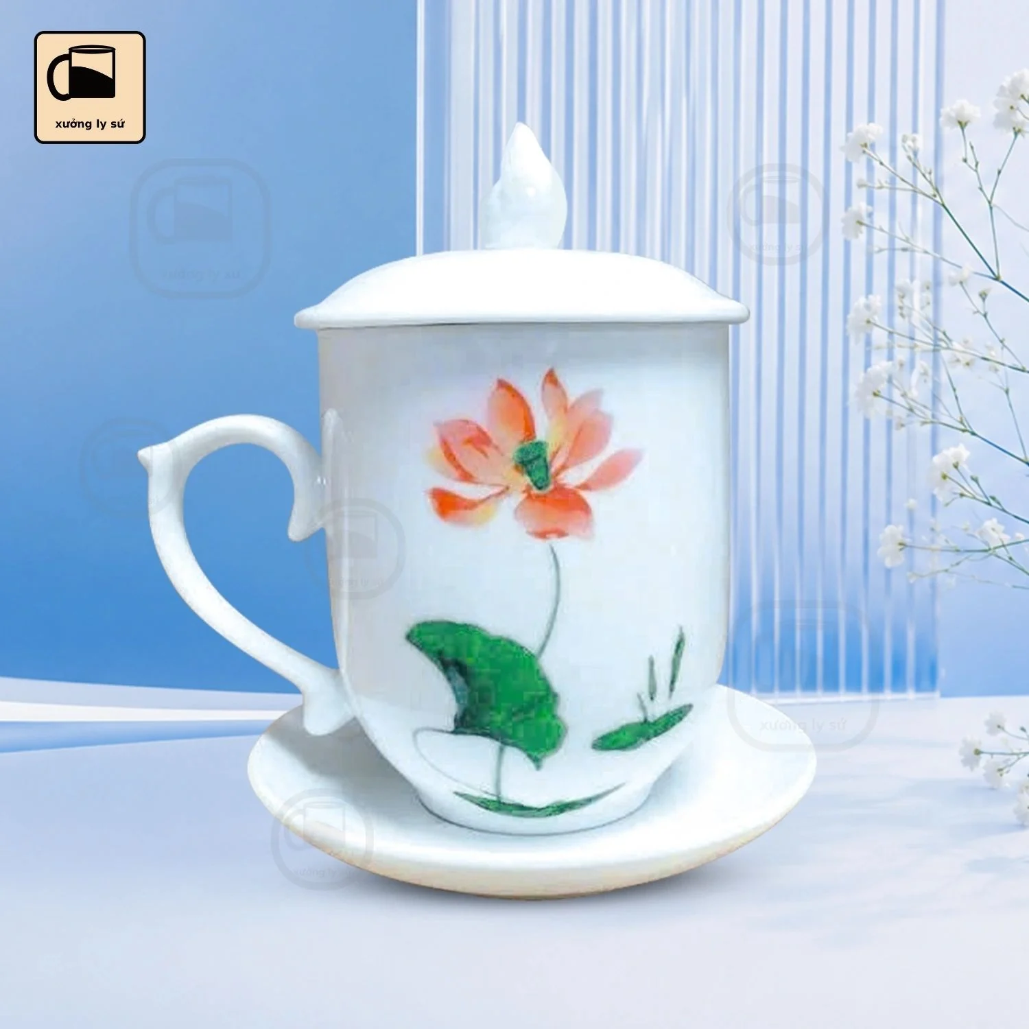 Ly Sứ Nắp Lửa Họa Tiết Hồng Liên Ly Sứ Nắp Lửa Họa Tiết Hồng Liên