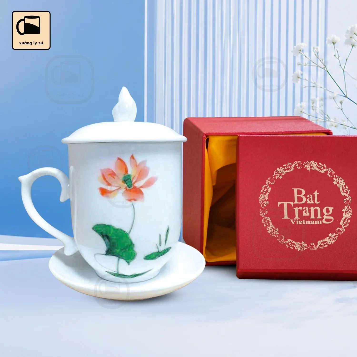 Ly Sứ Nắp Lửa Họa Tiết Hồng Liên Ly Sứ Nắp Lửa Họa Tiết Hồng Liên
