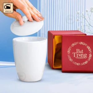 Cốc Sứ Trắng Dáng Vát Có Nắp
