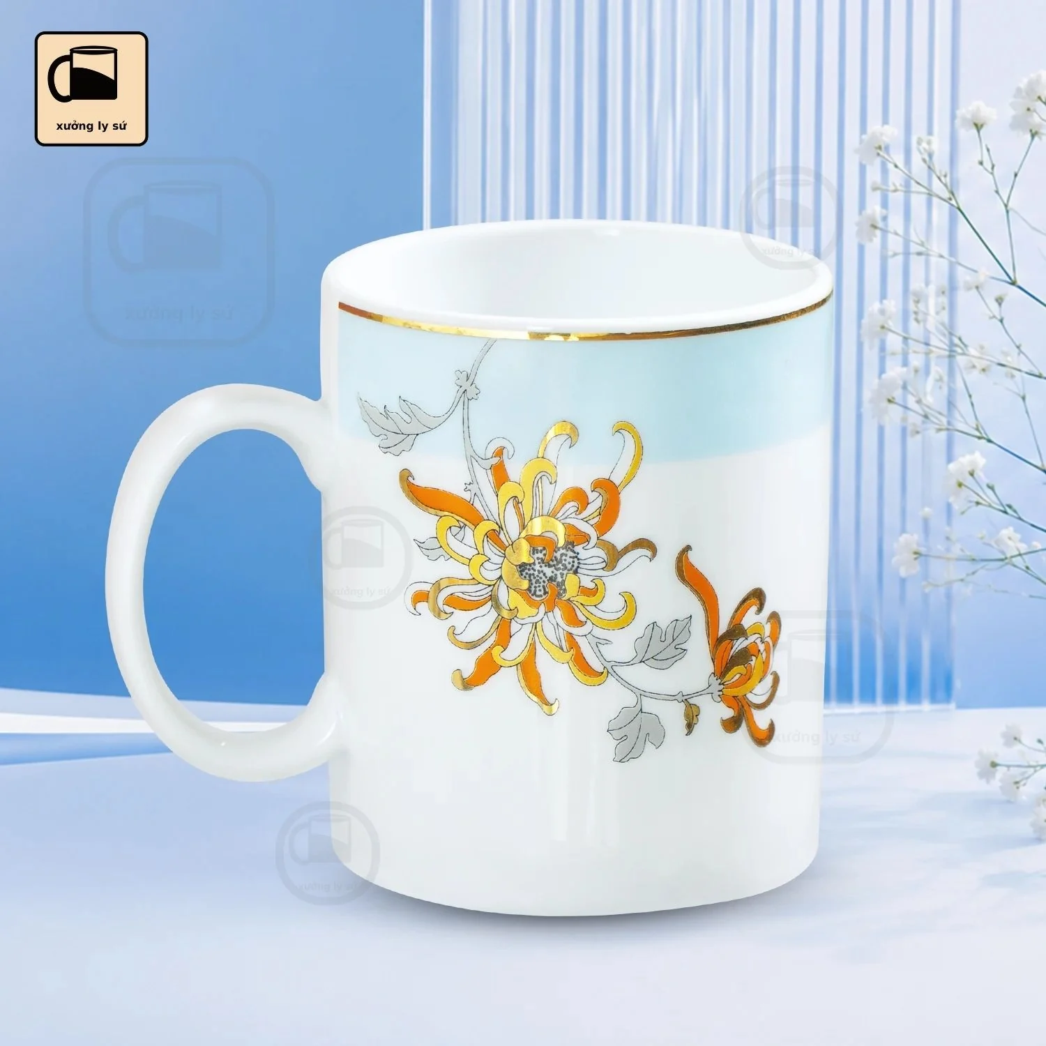 Ly Sứ Dáng Trụ Hoa Cúc Vẽ Vàng Ly Sứ Dáng Trụ Hoa Cúc Vẽ Vàng