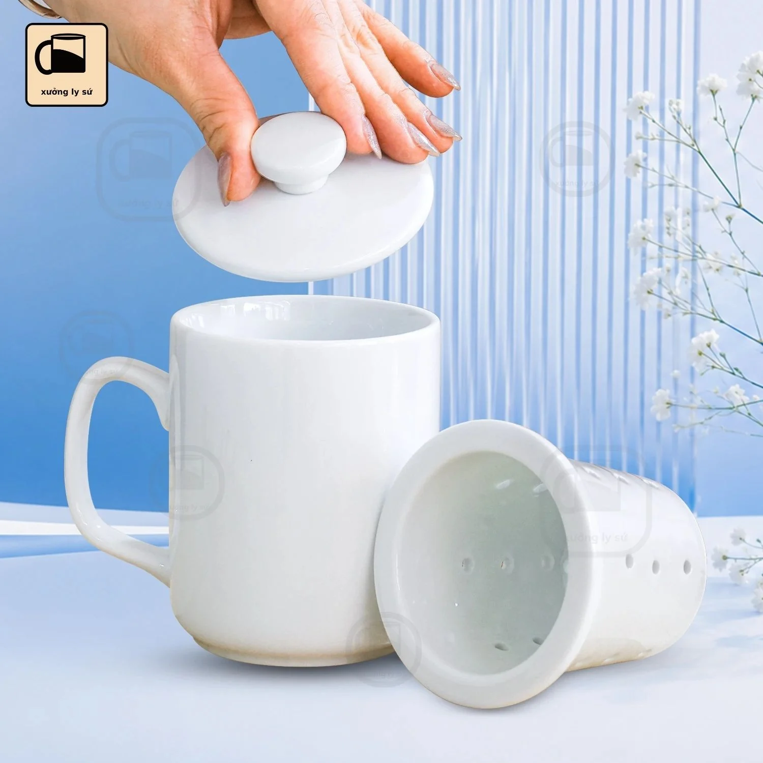 Cốc Sứ Trắng Dáng Trụ Có Nắp Kèm Lõi Lọc Cốc Sứ Trắng Dáng Trụ Có Nắp Kèm Lõi Lọc