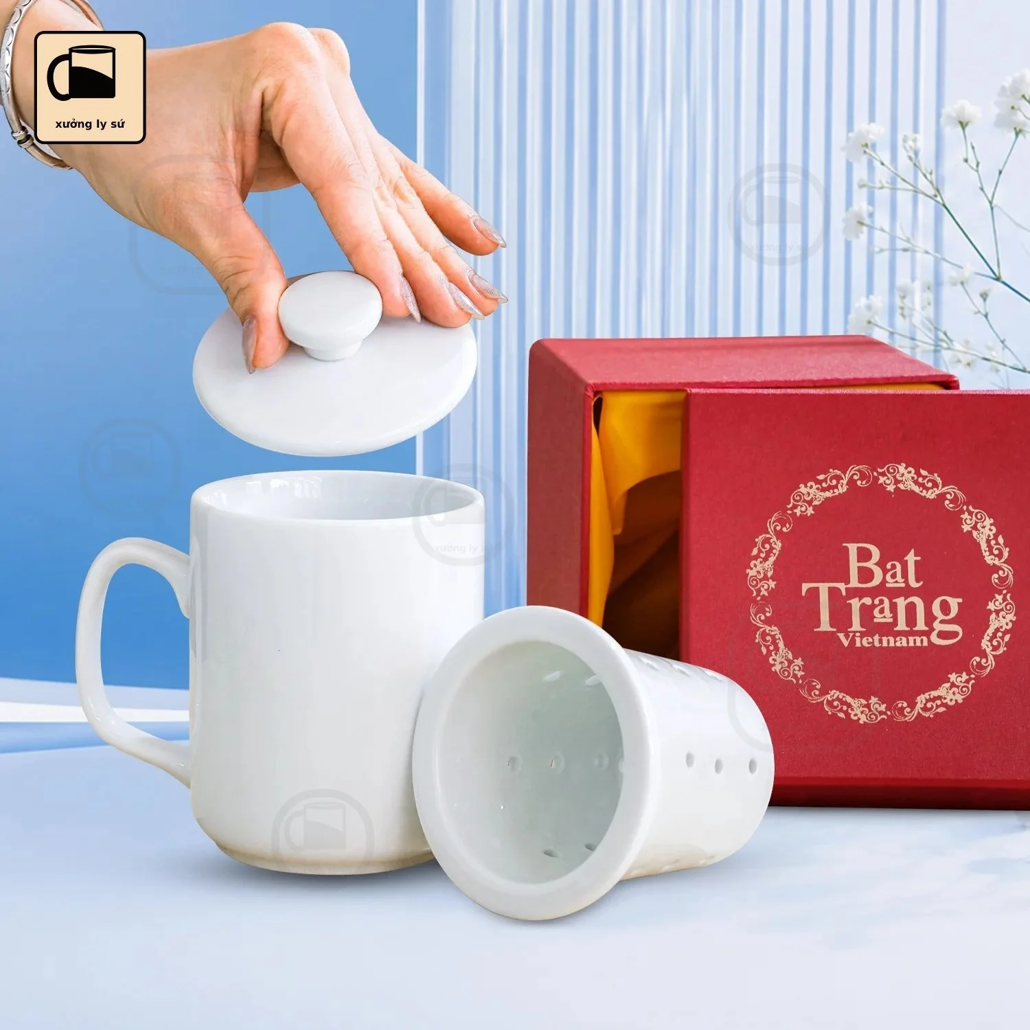 Cốc Sứ Trắng Dáng Trụ Có Nắp Kèm Lõi Lọc