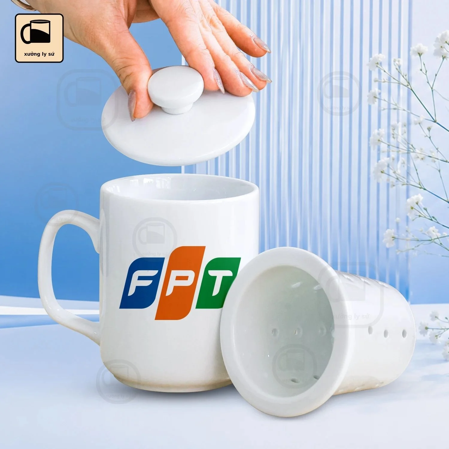 Cốc Sứ Trắng Dáng Trụ Có Nắp Kèm Lõi Lọc
